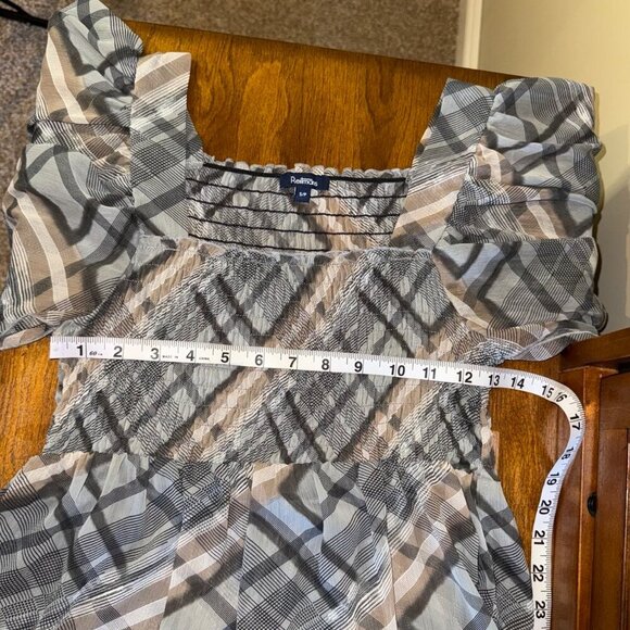 Reitmans brown black white plaid peasant bohemian shirt top flutter sleeve - Picture 9 of 11